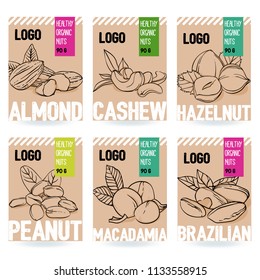 Beautiful vector hand drawn organic nut card set. Almond, cashew, hazelnut, peanut, macadamia, brazilian nut. Template for packaging design. Modern illustrations isolated on white background.