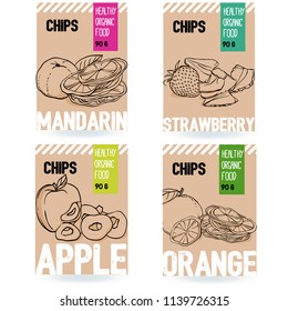 Bonito juego de cartas de frutas orgánicas hechas a mano por vectores. Mandarín, fresa, manzana, naranja. Colección de elementos de plantilla para el diseño de embalaje. Ilustraciones modernas aisladas en fondo blanco.