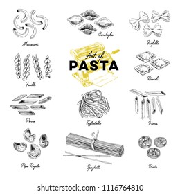 Beautiful vector hand drawn pasta Illustrations. Detailed retro style images. Vintage sketch elements for labels, packaging and cards design. Modern background.