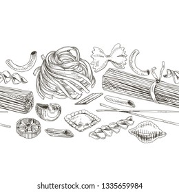 Beautiful vector hand drawn pasta Illustration. Detailed retro style seamless border. Vintage sketch element for labels, packaging and cards design. Modern background.