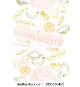 Beautiful vector hand drawn pasta Illustration. Detailed retro style seamless border. Vintage sketch element for labels, packaging and cards design. Modern background.