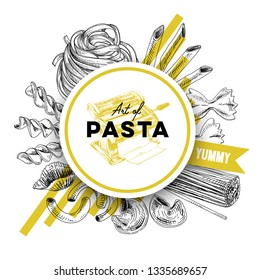 Beautiful vector hand drawn pasta Illustration. Detailed retro style image. Vintage sketch element for labels, packaging and cards design. Modern background.