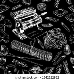 Beautiful vector hand drawn pasta Illustration. Detailed retro style seamless pattern. Vintage sketch element for labels, packaging and cards design. Modern background.