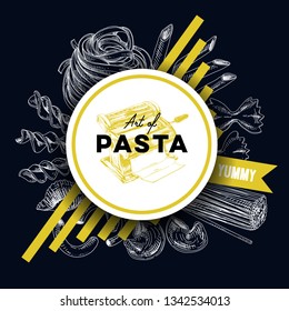 Beautiful vector hand drawn pasta Illustration. Detailed retro style image. Vintage sketch element for labels, packaging and cards design. Modern background.