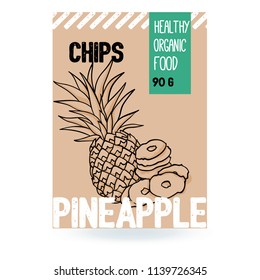 Beautiful vector hand drawn Pineapple organic fruit chips. Template elements collection for packaging design. Modern illustrations isolated on white background.