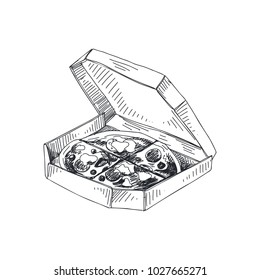Beautiful vector hand drawn pizza in packaging carton Illustration. Detailed retro style lychee image. Vintage sketch for labels. Elements collection for design.