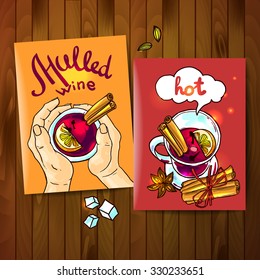 Beautiful vector hand drawn postcards mulled wine top view. 