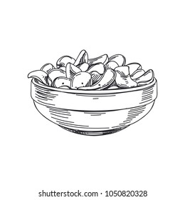 Beautiful vector hand drawn potato chips in a bowl Illustration. Detailed retro style images. Vintage sketch element for labels and cards design.