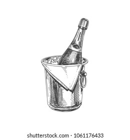 Beautiful vector hand drawn restaurant stuff Illustration. Detailed retro style ice bucket with champagne image. Vintage sketch element for labels, packaging and cards design.