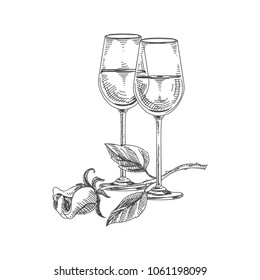 Beautiful vector hand drawn restaurant stuff Illustration. Detailed retro style two glasses of white wine and a flower image. Vintage sketch element for labels, packaging and cards design.