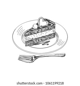 Beautiful vector hand drawn restaurant stuff Illustration. Detailed retro style a piece of chocolate cake on a plate image. Vintage sketch element for labels, packaging and cards design.