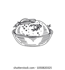 Beautiful vector hand drawn sauce in a bowl Illustration. Detailed retro style images. Vintage sketch element for labels and cards design.