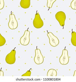 Beautiful vector hand drawn seamless pattern. Green pear fruit. Illustration