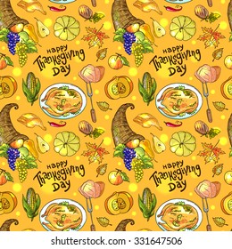 Beautiful vector hand drawn seamless pattern thanksgiving food