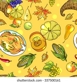 Beautiful vector hand drawn seamless pattern thanksgiving food