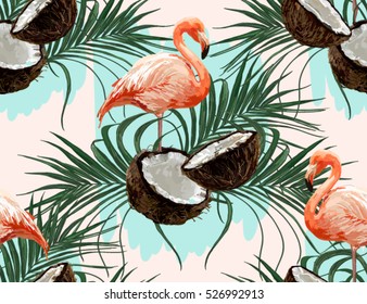 Beautiful vector hand drawn seamless pattern with coconut  palm leaves and flamingo. Boho style, isolated object. Perfect for wallpapers, web page backgrounds, surface textures, textile