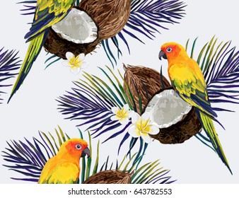Beautiful vector hand drawn seamless pattern with coconut palm leaves and parrot. Boho style, isolated object. Perfect for wallpapers, web page backgrounds, surface textures, textile