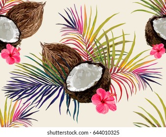 Hermoso patrón vectorial hecho a mano sin fisuras con coco, hojas de palma e hibisco. Estilo Boho, objeto aislado. Perfecto para fondos de escritorio, fondos de página web, texturas superficiales, textiles