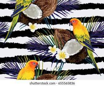 Beautiful vector hand drawn seamless pattern with coconut palm leaves and parrot. Boho style, isolated object. Perfect for wallpapers, web page backgrounds, surface textures, textile