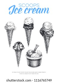 Beautiful vector hand drawn set of  waffls cones with scoops ice cream Illustrations. Detailed retro style images. Vintage sketch element for labels, packaging and cards design. Modern background.