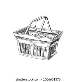 Beautiful vector hand drawn shopping basket Illustration. Detailed retro style image. Vintage sketch element for labels, packaging and cards design. Modern background.