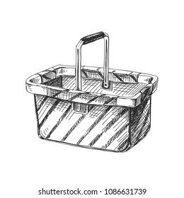 Beautiful vector hand drawn shopping basket Illustration. Detailed retro style image. Vintage sketch element for labels, packaging and cards design. Modern background.