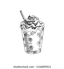 Beautiful vector hand drawn soft ice cream in a cup with a straw Illustration. Detailed retro style image. Vintage sketch element for labels, packaging and cards design. Modern background.