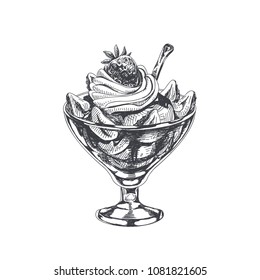 Beautiful vector hand drawn strawberry sundae with whipped cream Illustration. Detailed retro style image. Vintage sketch element for labels, packaging and cards design. Modern background.