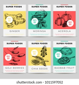 Beautiful vector hand drawn super foods card set. Detailed trendy style images. Modern sketch elements collection for packaging design.