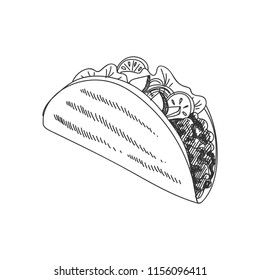 Beautiful vector hand drawn taco Illustration. Detailed retro style image. Vintage sketch element for labels, packaging and cards design. Modern background.