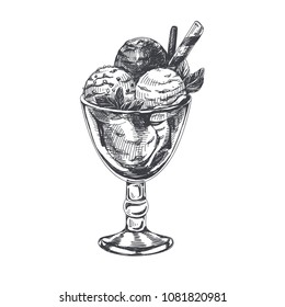 Beautiful vector hand drawn three scoops of ice cream in a glass cup Illustration. Detailed retro style image. Vintage sketch element for labels, packaging and cards design. Modern background.