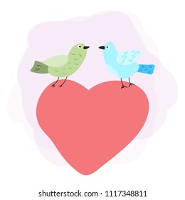 beautiful vector hand drawn two birds with heart love each other on cloud background