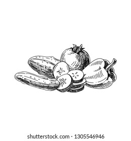 Beautiful vector hand drawn vegetables Illustration. Detailed retro style image. Vintage sketch element for labels, packaging and cards design. Modern background.