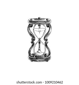 Beautiful vector hand drawn vintage sandglass Illustration. Detailed retro style images. Sketch element for labels and cards design.