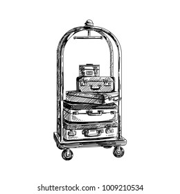 Beautiful vector hand drawn vintage suitcase trolley Illustration. Detailed retro style images. Sketch element for labels and cards design.