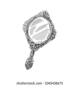 Beautiful vector hand drawn vintage hand mirror Illustration. Detailed retro style image. Sketch element for labels and cards design.