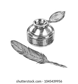 Beautiful vector hand drawn vintage feather and inkwell Illustration. Detailed retro style image. Sketch element for labels and cards design.