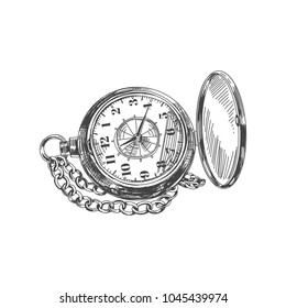 Beautiful vector hand drawn vintage pocket watch Illustration. Detailed retro style image. Sketch element for labels and cards design.