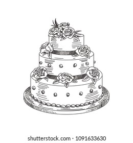 Beautiful vector hand drawn a wedding cake Illustration. Detailed retro style image. Vintage sketch element for labels, packaging and cards design. Modern background.