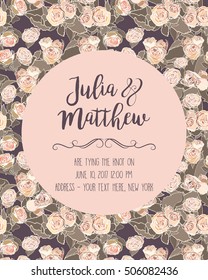 Beautiful vector hand drawn wedding, engagement or anniversary invitation template with flowery hand drawn pattern as background and a text. 