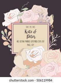 Beautiful vector hand drawn wedding, engagement or anniversary invitation featuring flowers such as rose, tulip and other isolated floral elements. 