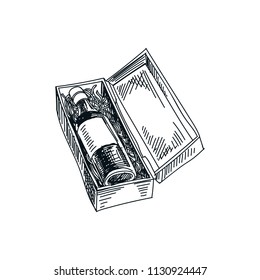 Beautiful vector hand drawn wine box Illustration. Detailed retro style image. Vintage sketch element for labels, packaging and cards design. Modern background.