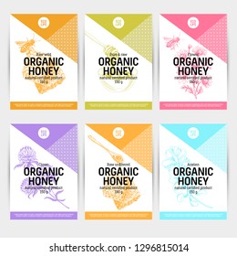 Beautiful vector hand honig products card set. Detailed trendy style backgrounds. Modern sketch elements collection for packaging design.