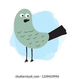 beautiful vector hand-drawn bird with ridiculous children's shapes on a cloudy background