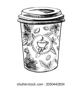 Beautiful vector hand-drawn coffee to go Illustration. Detailed retro style image. Vintage sketch element for labels, packaging and cards design. 