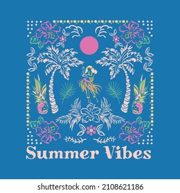 Beautiful vector of Hawaii summer island relax vibes ,palm, tree, ocean,wave,hibiscus flowern,beach design for Tshirt,fashion,cover,web and all graphic use on bright blue background color