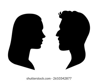 Beautiful vector head silhouette of man and woman facing each other.
