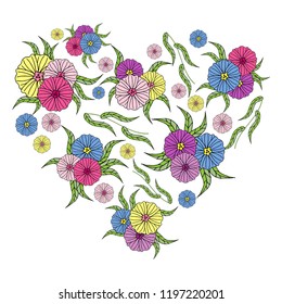 Beautiful vector heart of bright multi-colored flowers with green leaves in the style of dudling, isolate on a white background