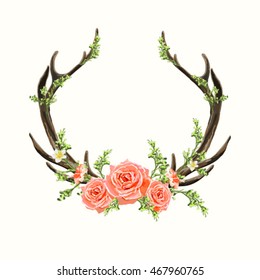 Beautiful vector horns with flowers. Hand drawn boho chic style design elements with deer antler, roses, branches, leaves and various flowers isolated on white background