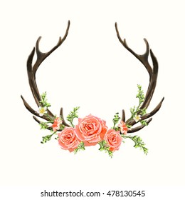 Beautiful vector horns with flowers. Hand drawn boho chic style design elements with deer antler, roses, branches, leaves and various flowers isolated on white background